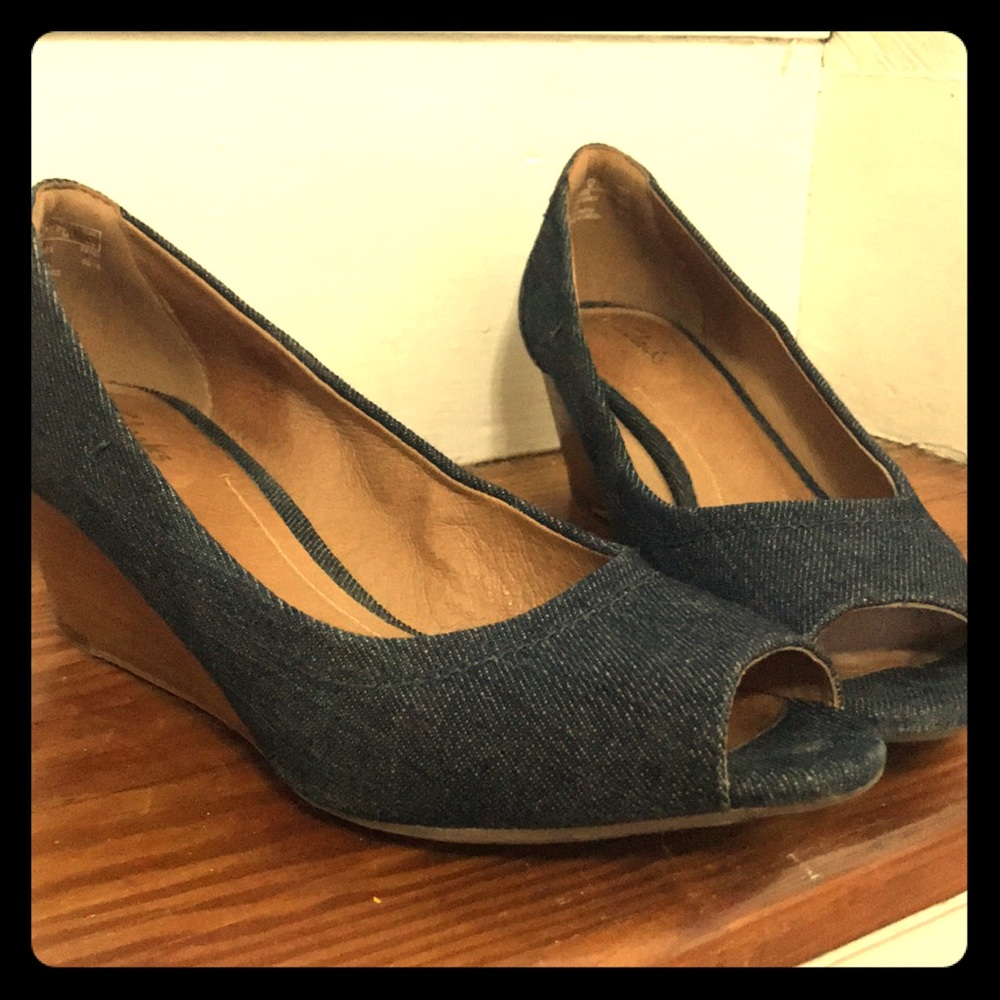 Clarks Artisan denim peep toe wedges